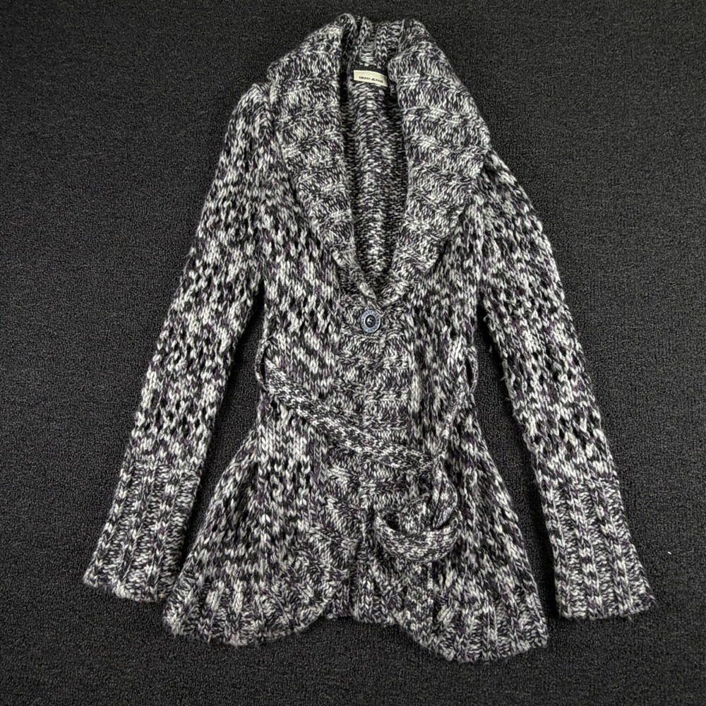 DKNY Jeans Cardigan Womens Medium Shawl Collar Belted Marled Grey EUC